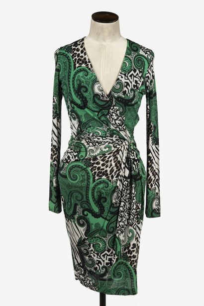 null ETRO : robe en viscose à motifs vert, noir et blanc à décor de feuillages stylisés...