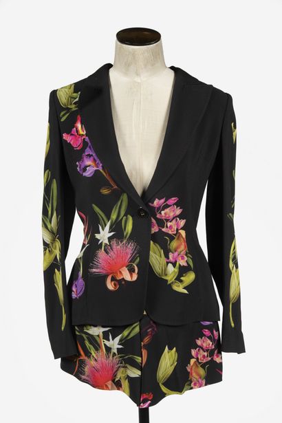 null ESCADA : ensemble comprenant une veste en viscose noire à décor d'orchidées,...