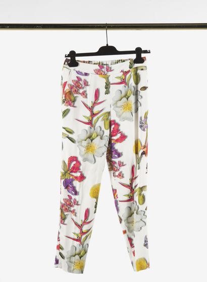 null ESCADA : pantalon d'été en viscose blanche à décor de fleurs, poches plaquées,...