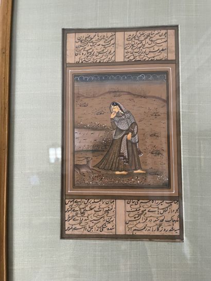 null Miniature persane « femme et biche » 20x11cm