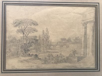 null Ecole XVIIIème siècle Paysage italien avec scène mythologique Fusain sur papier,...