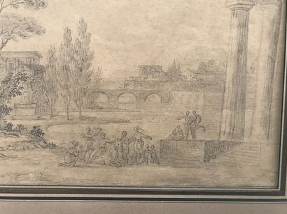 null Ecole XVIIIème siècle Paysage italien avec scène mythologique Fusain sur papier,...