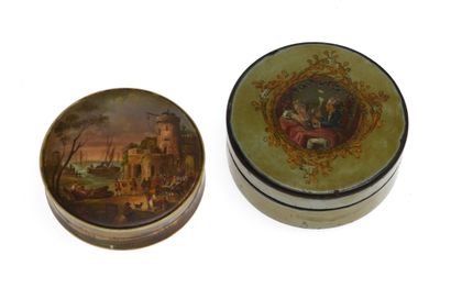 null 2 Round boxes in tortoiseshell and composition, decorated for one of a scene...