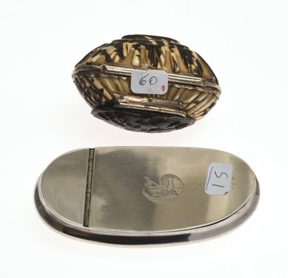 null 23 Two snuffboxes, one in plain silver plated metal of oblong shape, the hinged...