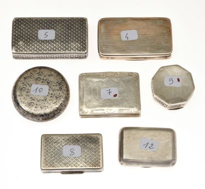 null 9 Seven silver boxes or snuffboxes, three of round or rectangular shape decorated...