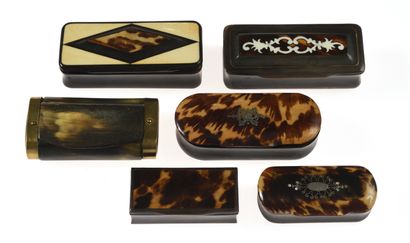 null 26 Six rectangular and oblong horn snuffboxes, mounted in brass, decorated with...