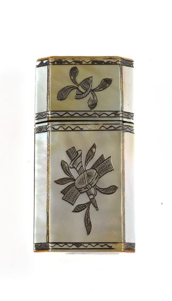 null 37 Mother-of-pearl octagonal bottle case with silver inlaid decoration of music...