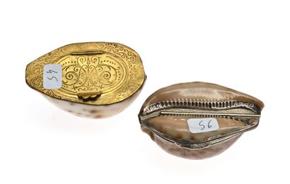 null 22 Two shell snuffboxes, one with a gilt metal frame engraved with scrolls,...