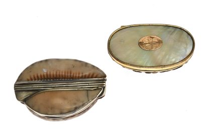 null 18 Two shell snuffboxes, one with a pompom frame, the hinged mother-of-pearl...