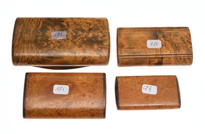 null 31 Four burrwood snuffboxes of rectangular shape, one of them double, the lids...