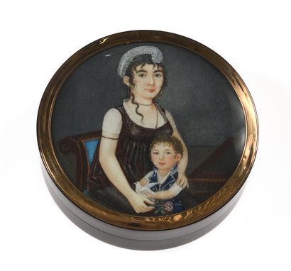 null 49 Round tortoiseshell box, the lid set with a miniature on ivory depicting...