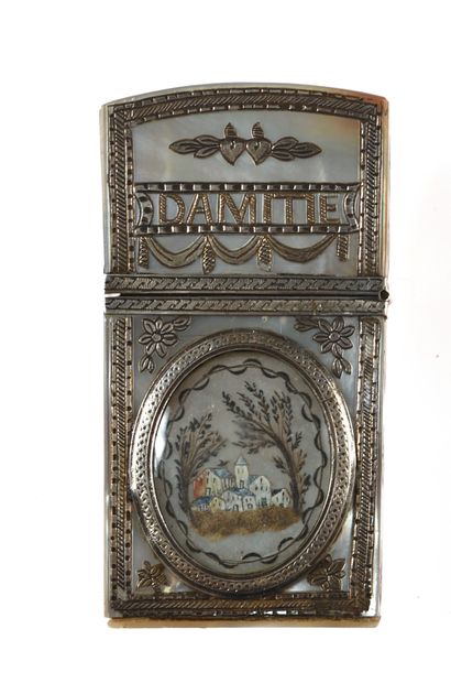 null 38 Silver mounted mother of pearl "Souvenir d'amitié" tablet case decorated...