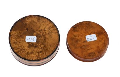 null 24 Two round burrwood boxes lined with tortoiseshell and circled with gold or...