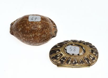 null 18 Two shell snuffboxes, one with a pompom frame, the hinged mother-of-pearl...