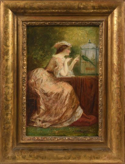 null Henri PICOU (1824-1895) La jeune femme et la perruche Huile sur panneau, non...