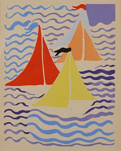 null 64E Sonia DELAUNAY (1885-1979) Les voiliers, 1930 Pochoir en couleurs sur vélin,...
