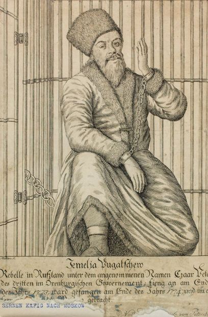 null Portrait de Pougatchev dans la captivité. Gravure par HILLERS, circa 1780. 24,1...