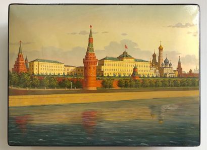 null Boîte laquée en papier mâché. Russie, 1975. 19 x 26 x 8,5 cm. Signée: «Spiridonov»...