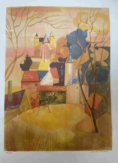 null Georges LAMBERT (1919 1988) Vue de village Lithographie en couleurs, signée...