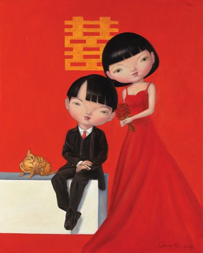 null 
CHENG XU 

Couple and cat 

Acrylic on canvas. 

Signed lower right. 

100...
