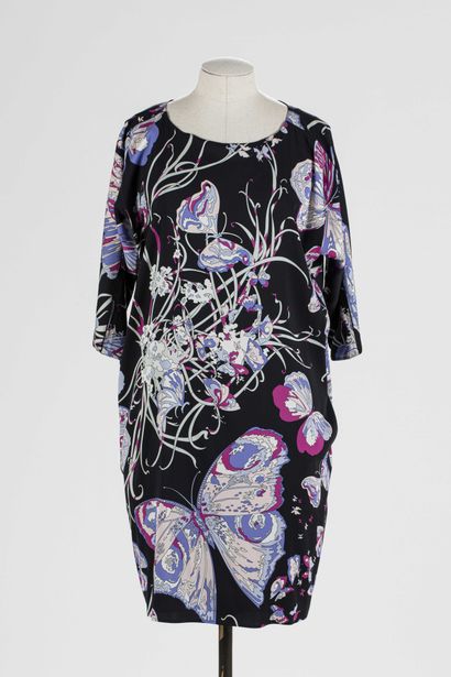 null EMILIO PUCCI: black silk chasuble dress with stylized butterflies and foliage...
