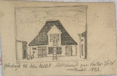 null Lauritz HOWE (1869-1945) Etude de maison Fusain Annoté et daté 1882 10x15cm