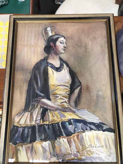 null Ecole du XXe siècle Portrait de femme au chapeau Epreuve d artiste en couleurs,...