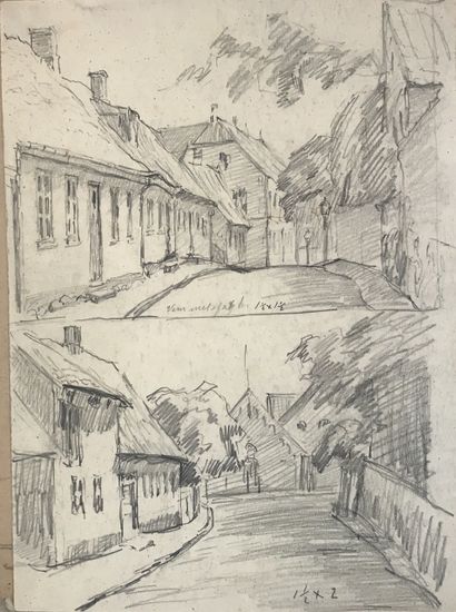 null Lauritz HOWE (1869-1945) Deux vues de village Fusain 34x25cm