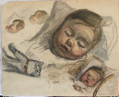 null Lauritz HOWE (1869-1945) Etude de têtes d enfant Fusain et aquarelle Annoté...