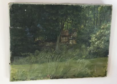 null Lauritz HOWE (1869-1945) Chaumière parmi les arbres Huile sur toile Signé en...