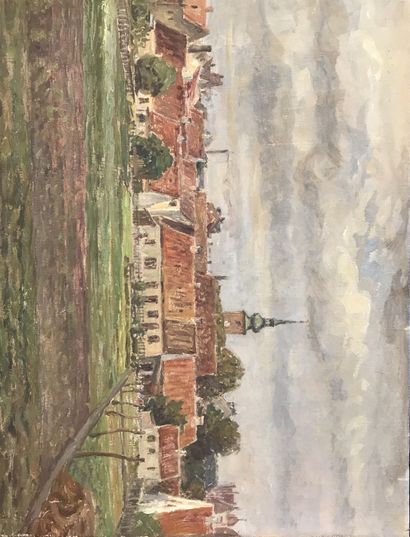 null Lauritz HOWE (1869-1945) Vue d un village Huile sur toile Signé en bas à gauche...