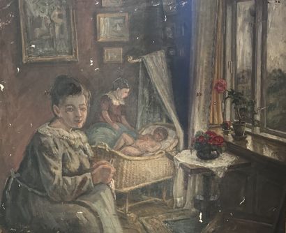 null Lauritz HOWE (1869-1945) Scène d intérieur avec personnages Huile sur toile...
