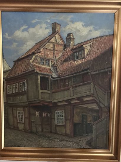 null Lauritz HOWE (1869-1945) Maison de village Huile sur toile Signé en bas à gauche...