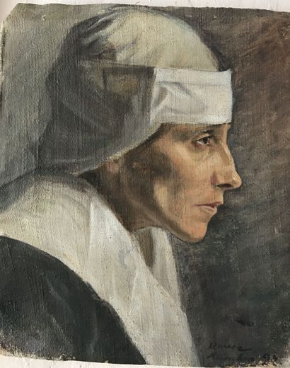 null Lauritz HOWE (1869-1945) Portrait d une sage femme Huile sur toile, signé en...