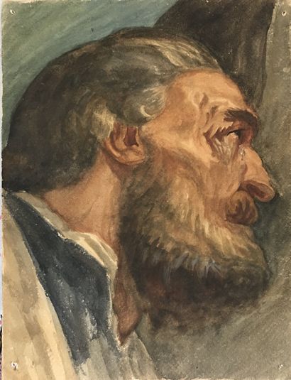 null Lauritz HOWE (1869-1945) Portrait d homme barbu Aquarelle 30x22,5cm