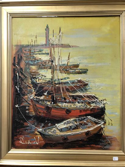 null Lucien DESMEDT (1919-1993) Le port Huile sur toile Signé en bas à gauche, contresigné...