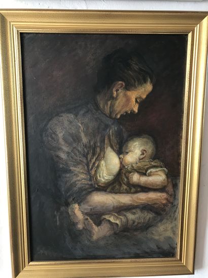 null Lauritz HOWE (1869-1945) Femme allaitant Huile sur toile panneau et daté 06...