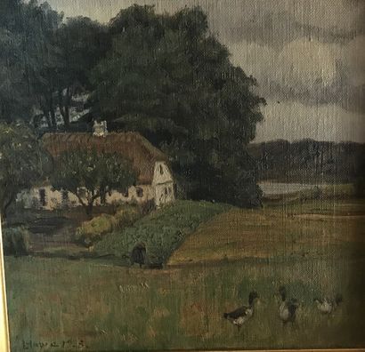 null Lauritz HOWE (1869-1945) Landscape with ducks Canvas mounted on wood SBG and...