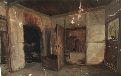 null Lauritz HOWE (1869-1945) Interior with the door open Oil on canvas Signed lower...