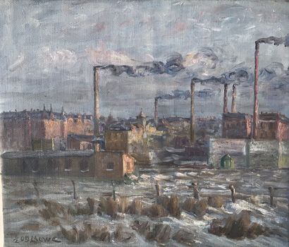 null Lauritz HOWE (1869-1945) Ville aux cheminées fumantes Huile sur toile Signé...