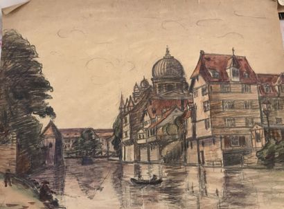 null Lauritz HOWE (1869-1945) Vue de ville au bord d un fleuve Fusain et aquarelle...