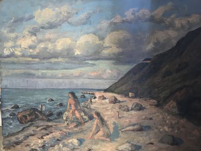 null Lauritz HOWE (1869-1945) Bord de mer avec personnage Huile sur toile Signé en...