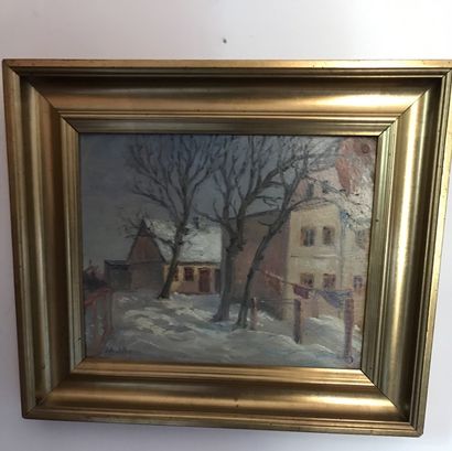 null Lauritz HOWE (1869-1945) Houses under the snow Oil on cardboard Monogrammed...