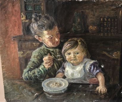 null Lauritz HOWE (1869-1945) Mère et son enfant Huile sur toile Annoté aux dos et...