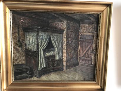 null Lauritz HOWE (1869-1945) Interior with a closed bed Oil on canvas Signed lower...