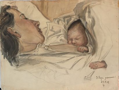 null Lauritz HOWE (1869-1945) Femme allaitant Fusain et aquarelle Annoté et daté...