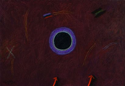 null Pierre-Yves COUSTERE (1938-2017) Soleil noir aux deux flèches rouges, 2005 Huile...