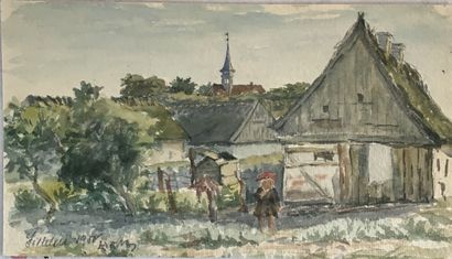 null Lauritz HOWE (1869-1945) Village avec enfant Aquarelle Signé en bas à gauche...