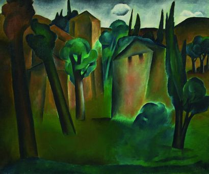 null Pierre-Yves COUSTERE (1938-2017) Paysage fond vert, 1964 Huile sur toile 54...