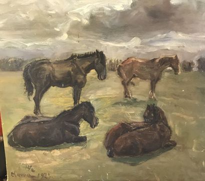 null Lauritz HOWE (1869-1945) Quatre chevaux Huile sur toile Signé en bas à gauche...